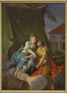 Allégorie de François Senémont, représentant la France faisant le don du cœur de la Reine à la Lorraine. Au fond, le peintre a représenté sa propre maison car le convoi transportant le cœur de la Reine s'y était arrêté pour un moment de repos.