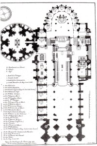 Plan de la Basilique Saint-Denis avec toutes les chapelles. Celle de Saint-Eustache est la première à gauche avant l'entrée du chevet (A).